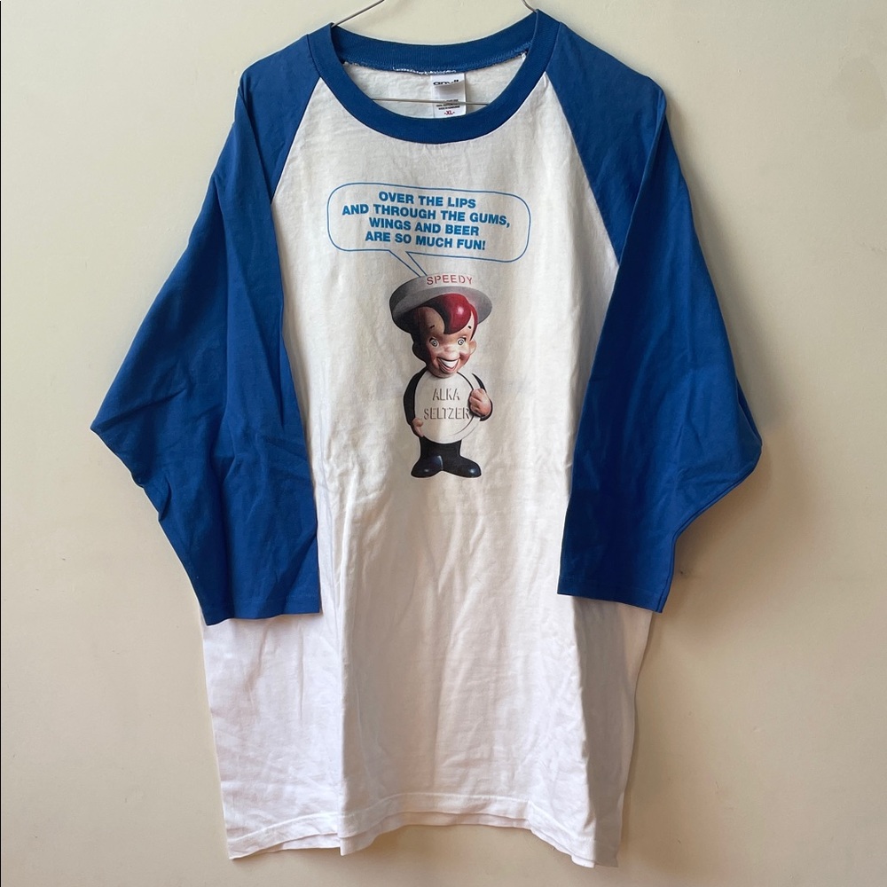Vintage alka seltzer speedy raglan blue white shirt on anvil tag xl